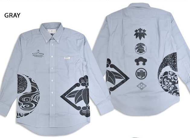 家紋のロングシャツ◆喜人 グレー Lサイズ KJ-52404 和柄 和風 ロングスリーブ 長袖 きじん拍卖