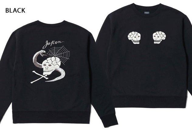 スカ刺繍クルーネックスウェット「SKULL&SNAKE」◆テーラー東洋 ブラック Lサイズ TT69650 和柄 刺繍 スカル髑髏 ヘビ 蛇 トレーナー拍卖