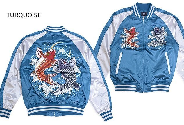 鯉サテンスカジャン◆朧 ターコイズXLサイズ 9043811 和柄 和風 刺繍 コイ スーベニアジャケット おぼろ拍卖