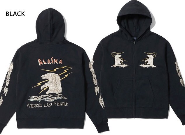スカ刺繍スウェットジップパーカー「ALASKA」◆テーラー東洋 ブラック Lサイズ TT69652 和柄 刺繍 アラスカ トレーナー シロクマ拍卖