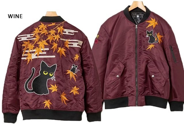 ラミ&アール 紅葉巡りMA-1ジャケット◆LIN ワイン XLサイズ AL-75609 黒猫 ネコ ミリタリー 刺繍 フライトジャケット ユニセックス拍卖