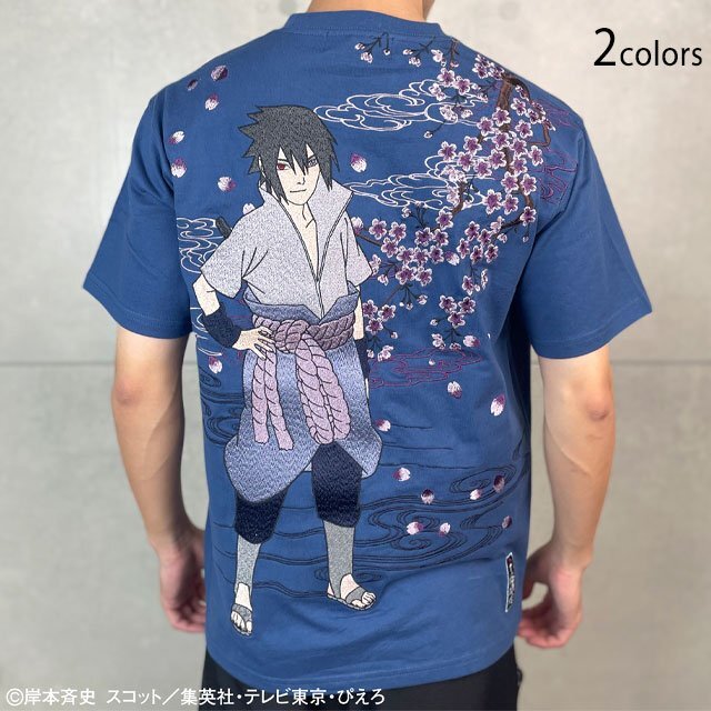 NARUTO×絡繰魂 うちはサスケ半袖Tシャツ◆絡繰魂 ネイビー XLサイズ 252016 和柄 和風 ナルト 少年ジャンプ 刺繍 からくり拍卖