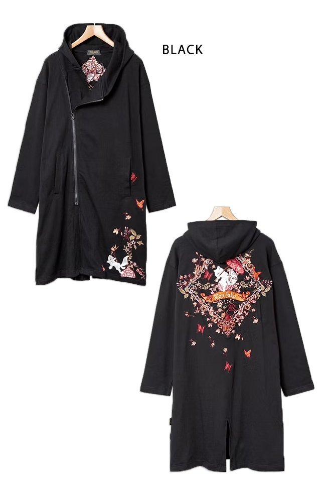 ビサンチンの花刺繍斜めジップロングパーカー◆今昔 ブラック Lサイズ KJ-29254 和柄 和風 狐 きつね キツネ ユニセックス拍卖