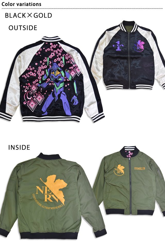 EVANGELION×錦 菊家紋桜初号機リバーシブルMA-1スカジャン◆錦 ブラック×ゴールド Mサイズ 595350 和柄 エヴァンゲリオン 刺繍拍卖