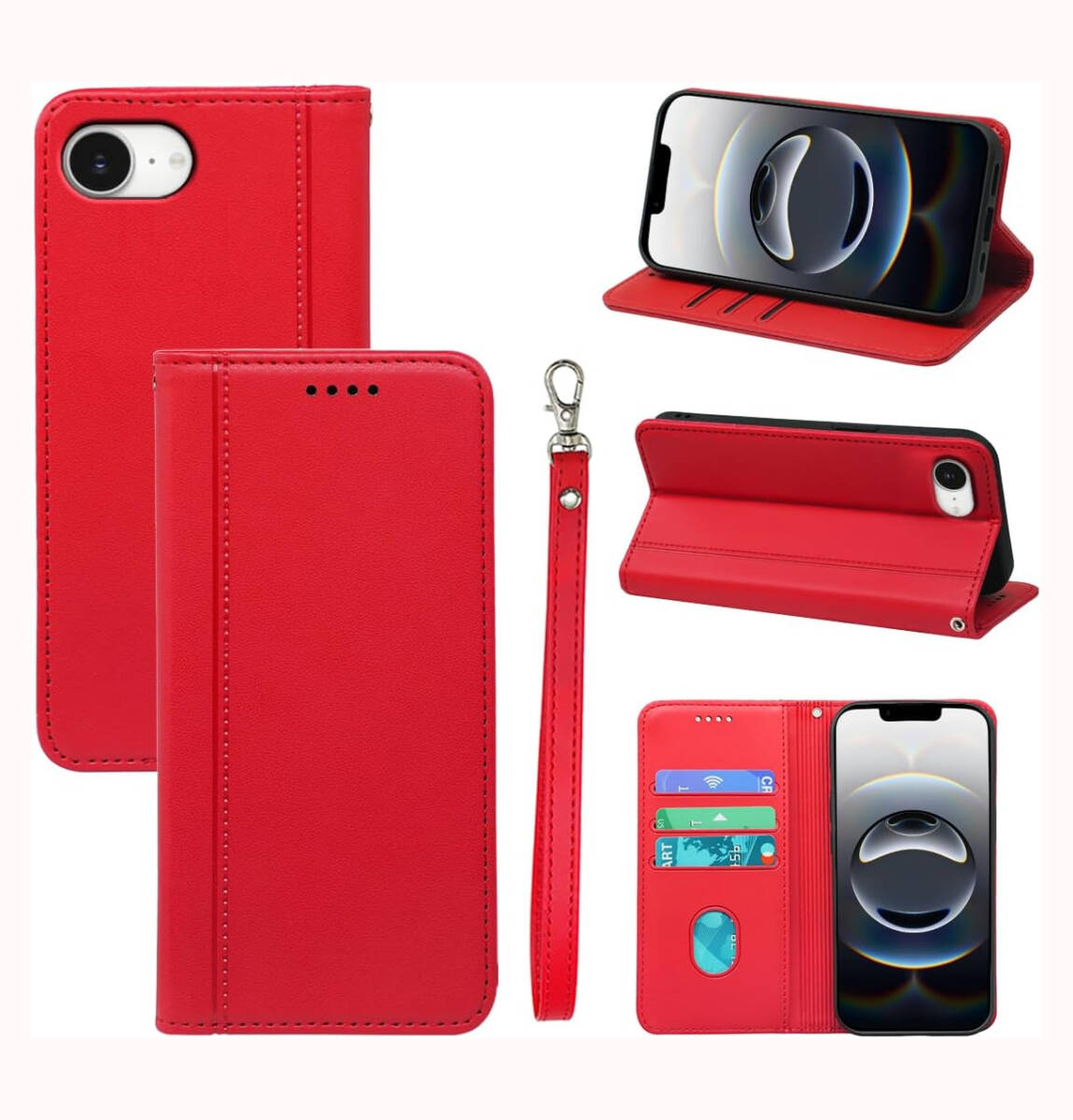 iPhone 16e ケース 手帳型 PUレザー 耐衝撃 全面保護 マグネット式 スタンド機能 カード収納 手触りが良い TPU レッド ay269拍卖