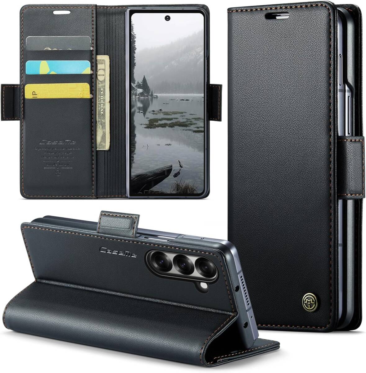 Samsung Galaxy Z Fold 7 対応 ケース 手帳型 PUレザー 磁気バックル付き スタンド機能付き カード収納 ブラック ay681拍卖