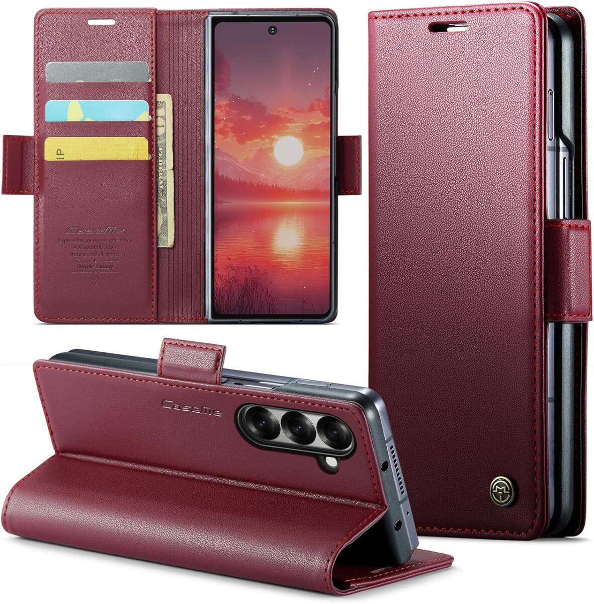 Samsung Galaxy Z Fold 7 対応 ケース 手帳型 PUレザー 磁気バックル付き スタンド機能付き カード収納 レッド ay678拍卖