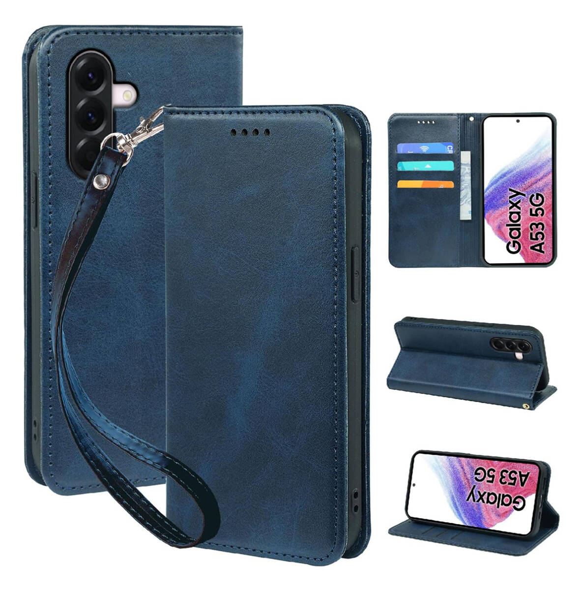Galaxy A53 5G ケース 手帳型 SC-53C SCG15 PUレザー TPU スタンド機能付 カード収納 ブルー ay335拍卖