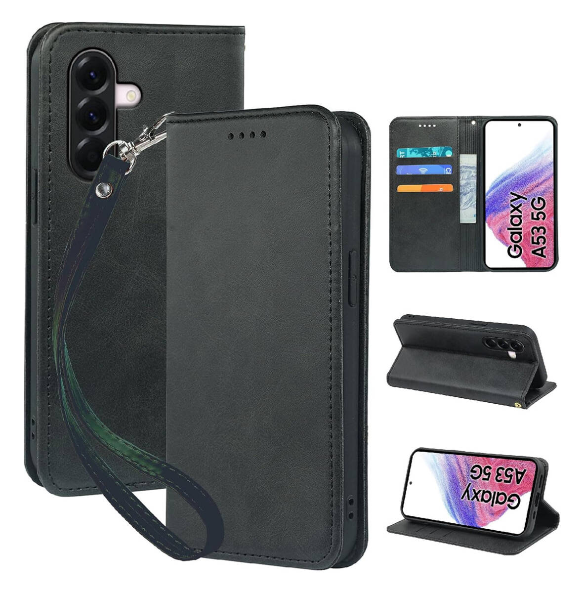 Galaxy A53 5G ケース 手帳型 SC-53C SCG15 PUレザー TPU スタンド機能付 カード収納 ブラック ay336拍卖