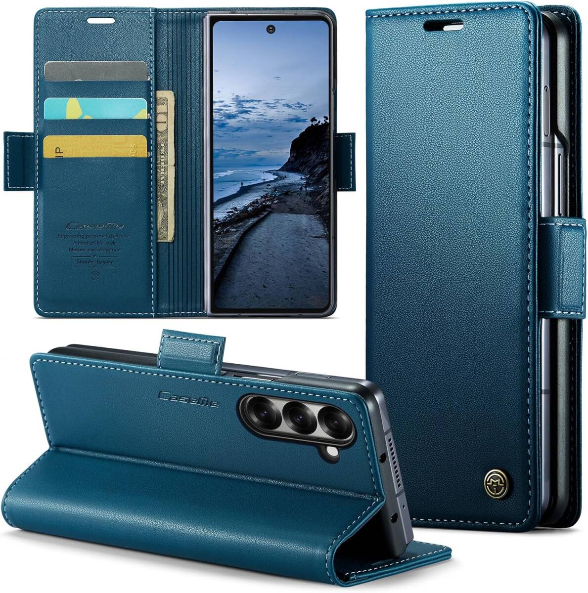 Samsung Galaxy Z Fold 7 対応 ケース 手帳型 PUレザー 磁気バックル付き スタンド機能付き カード収納 ブルー ay679拍卖