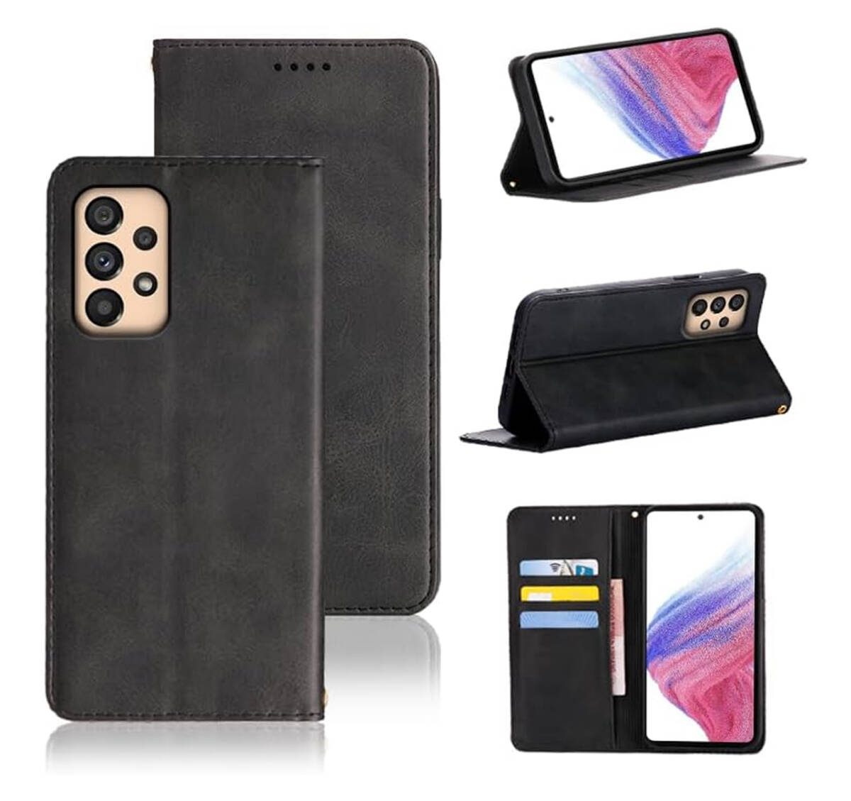 Galaxy A53 5G ケース 手帳型 SCG15 SC-53C PUレザー TPU カード収納 マグネット スタンド機能付き ブラック ay231拍卖