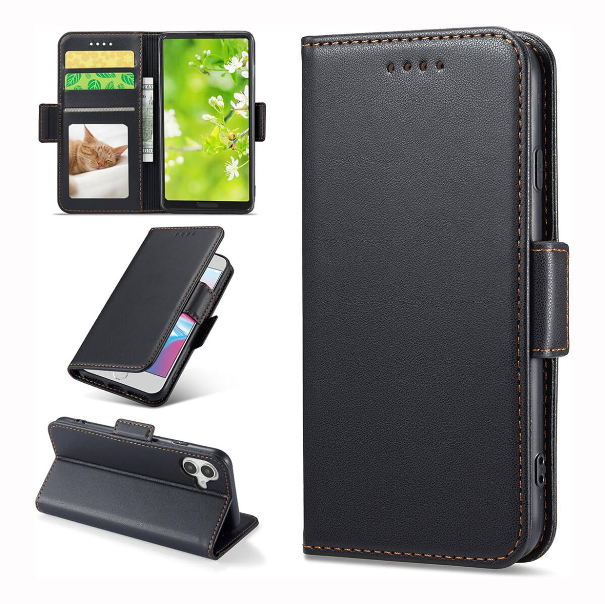 iPhone17 手帳型 PUレザー製 サイドマグネット 全面保護 耐衝撃 耐摩擦 スタンド機能 ブラック ay399拍卖