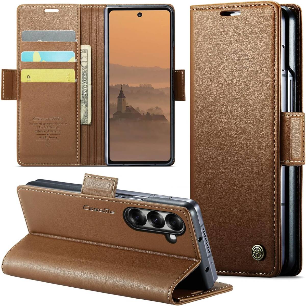 Samsung Galaxy Z Fold 7 対応 ケース 手帳型 PUレザー 磁気バックル付き スタンド機能付き カード収納 ブラウン ay680拍卖