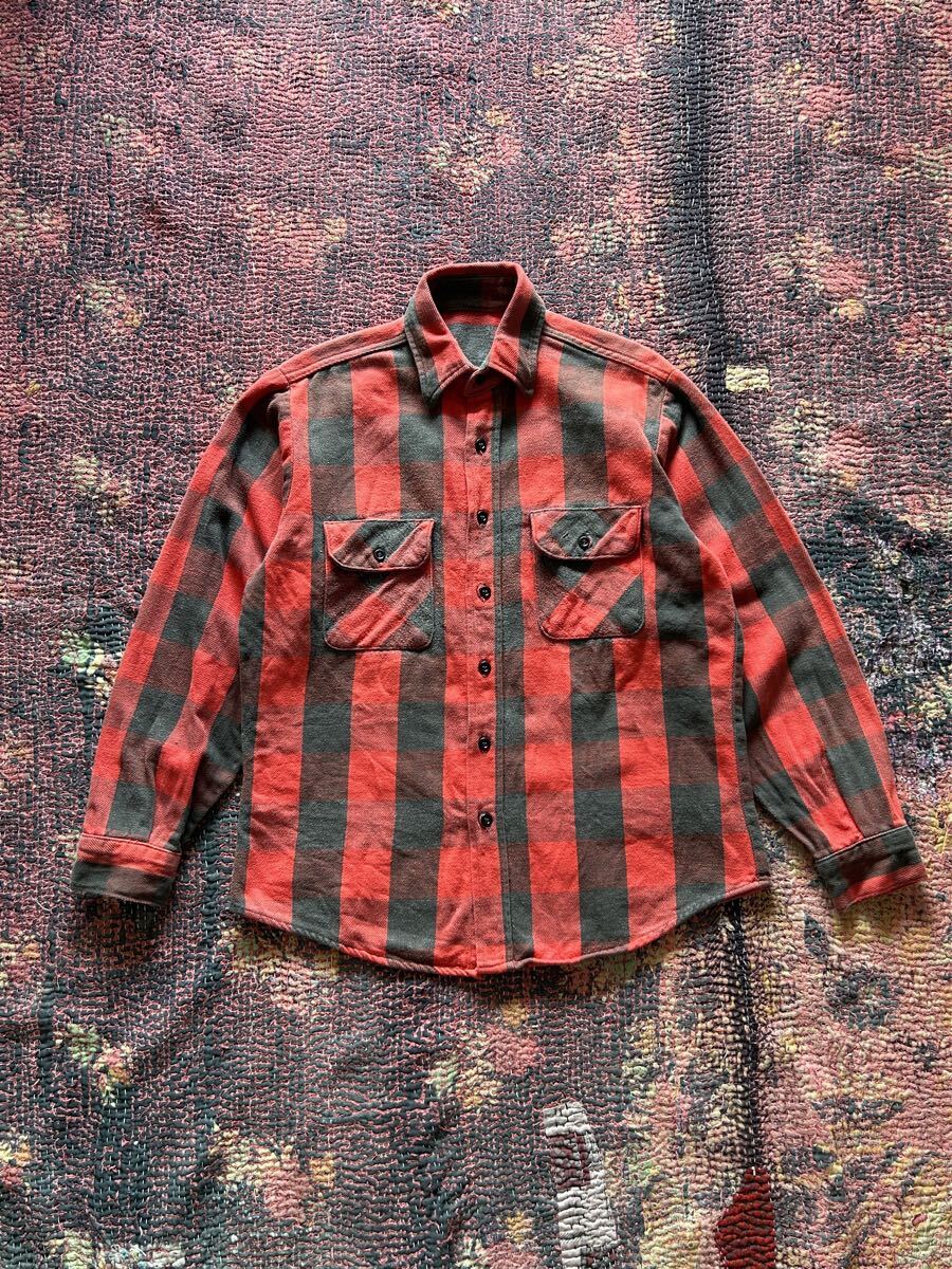 FADED RED & BLACK BUFFALO PLAID FLANNEL SHIRT バッファローチェック ワークシャツ ネルシャツ M程度 赤×黒 フェード 古着拍卖