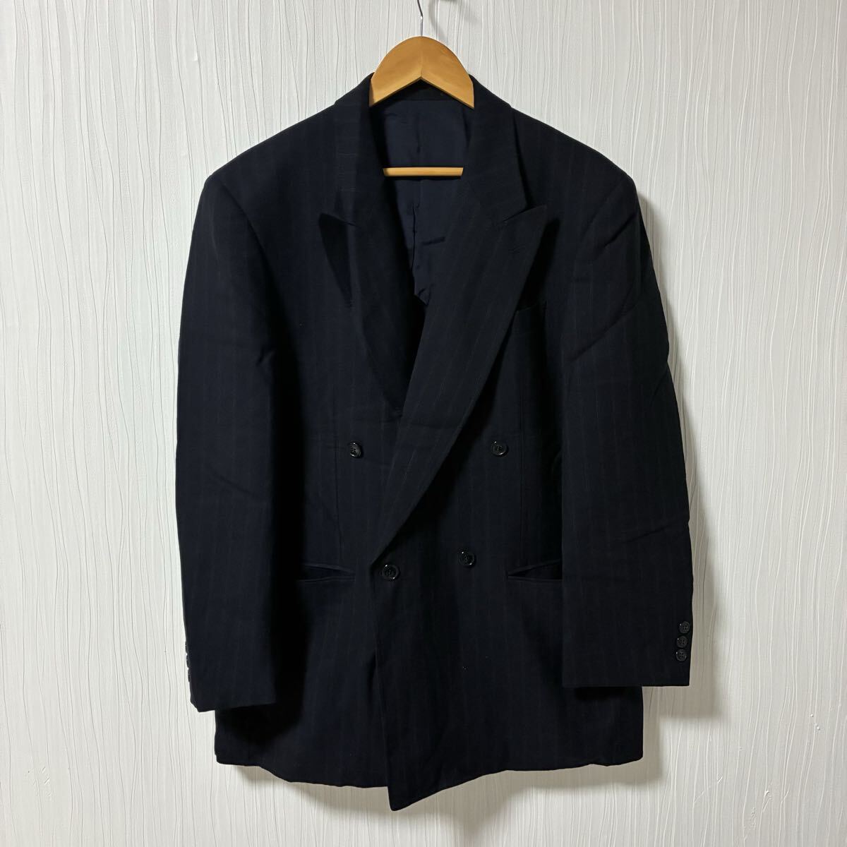 LANVIN CLASSIQUE ランバン クラッシック ダブルジャケット ストライプ柄 ネイビー メンズ サイドベンツ 背抜き a1274拍卖