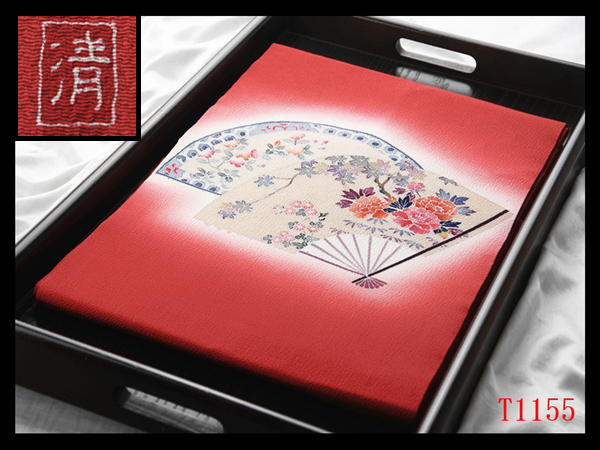 蔵【T1155】厳選逸品 縮緬 作家物 手描き 扇面草花紋 紅赤色地 気品豊かに 正絹高級美術名古屋帯 ◇検簪着物袋帯和装小物帯締め拍卖
