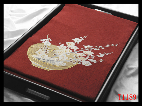 蔵【T1189】厳選逸品 縮緬 長尺 染め帯 梅紋 紅海老茶色地 気品豊かに 正絹高級美術開き名古屋帯 ◇検簪着物袋帯和装小物帯締め拍卖