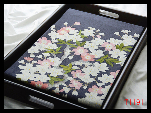 蔵【T1191】西陣逸品 極上 縮緬 手描き 桜紋 鉄御納戸色地 気品豊かに 正絹高級美術名古屋帯新品同様◇検簪着物袋帯和装小物帯締め拍卖