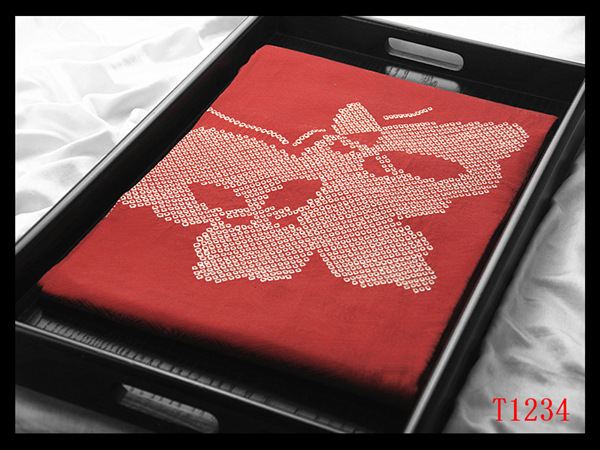 蔵【T1234】厳選美品 絞り染め 蝶紋 茜色地 気品豊かに 正絹高級美術名古屋帯 ◇検簪着物袋帯和装小物帯締め拍卖