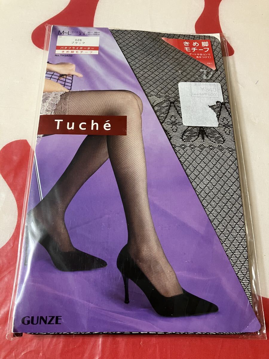 gunze tuche バタフライガーター M-L ブラック パンティストッキング 黒 模様 蝶 編み デザイン グンゼ パンスト panty stocking トゥシェ拍卖