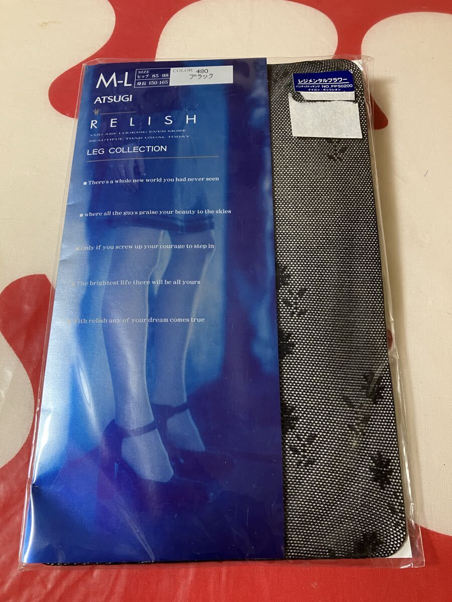 atsugi relish ブラック パンティストッキング レジメンタルフラワー 編み デザイン 模様 柄 アツギ レリッシュ パンスト panty stocking拍卖