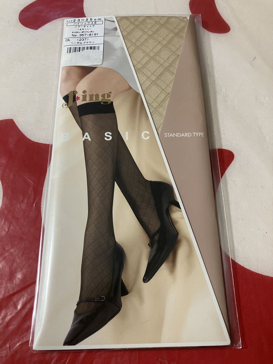 fukuske f *ing basic standard type ハイソックス丈 シアーチェック ヘーゼルブラウン highsocks ショートストッキング 編み 23-25cm 福助拍卖