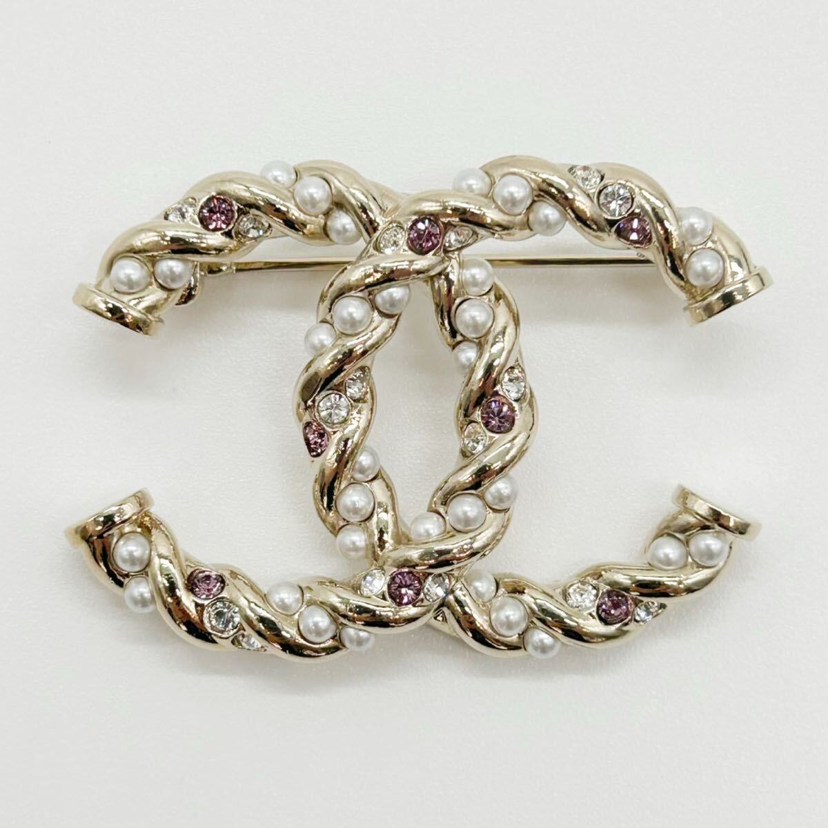 CHANEL シャネル ココマーク A23B ブローチ 2023年 美品 GP ラインストーン フェイクパール ゴールド ソフトゴールド ピンク 拍卖