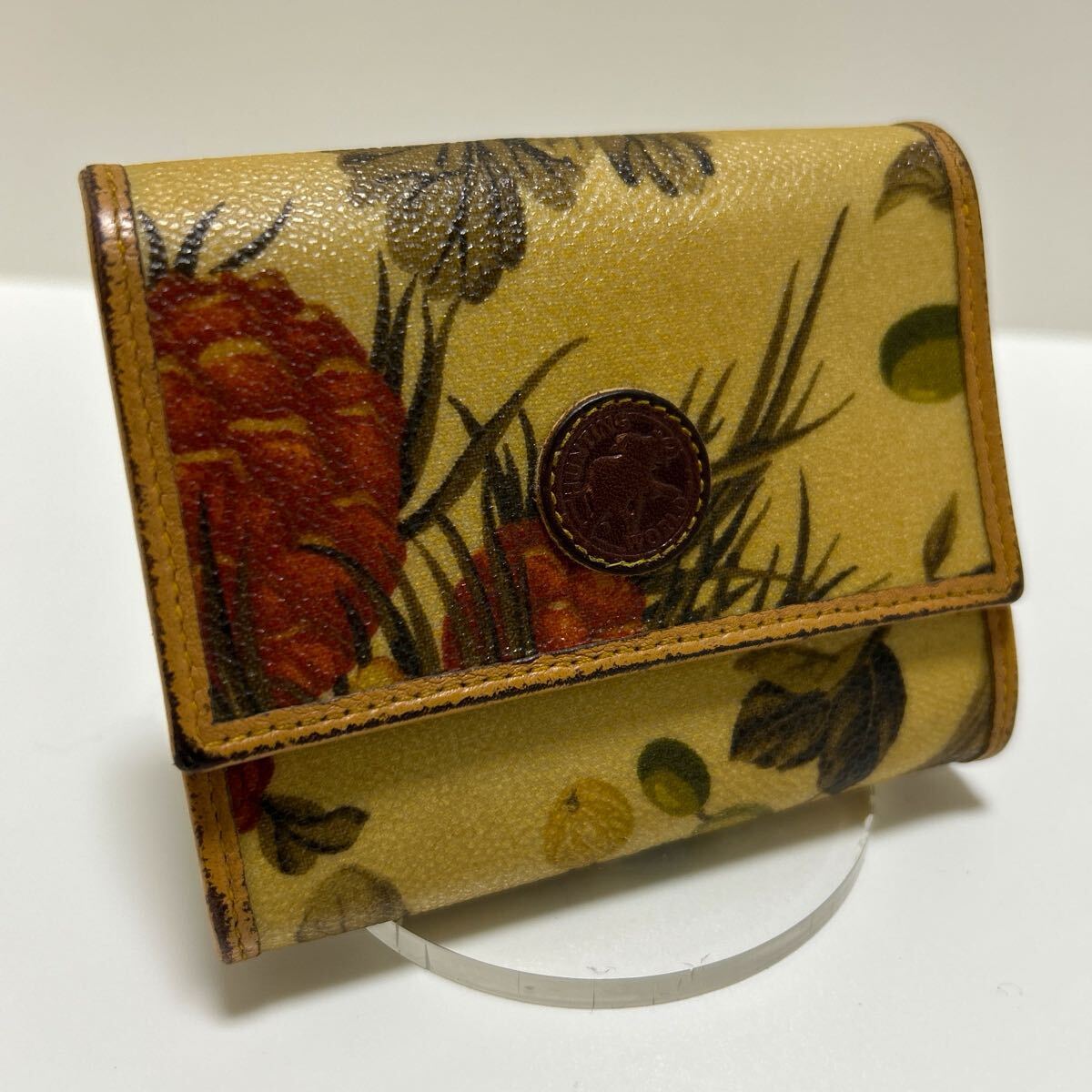 ◆ハンティングワールド がま口 三つ折り財布 フルーツ柄×キャメル系◆ コンパクト PVC ヴィンテージ イタリア製【送料無料】0917拍卖