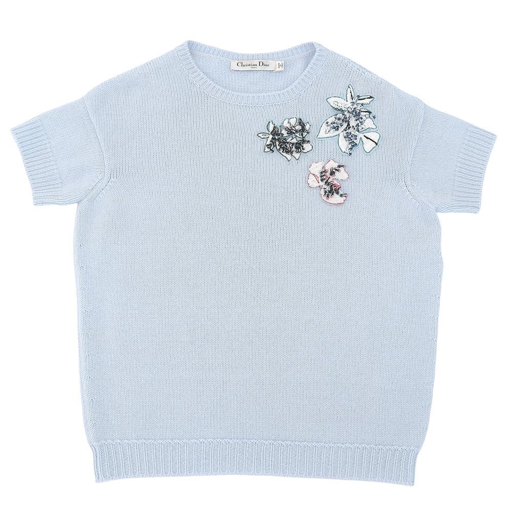 r7h062709◆CHRISTIAN DIOR クリスチャンディオール 2016年製 スパンコール&ビーズ飾り付き 半袖 ニット カシミヤ ライトブルー 42拍卖
