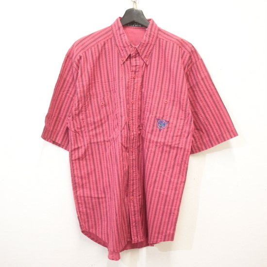Z726 90sビンテージ BUGLEBOY 半袖シャツ■1990年代製 表記Lサイズ ボタンダウン ストライプ 刺繍 アメカジ 古着 古着卸 オールド 激安 80s拍卖