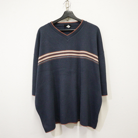 C775 90sビンテージ CLAVE アクリルニットセーター USA製■1990年代製 表記XLサイズ ネイビー 紺 古着 アメカジ ストリート ボーダー 80s拍卖