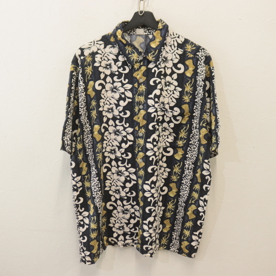 W646 90sビンテージ 半袖アロハシャツ■1990年代製 約XLサイズ ネイビー 紺 ハイビスカス レーヨン アメカジ ストリート 古着 古着卸 80s拍卖