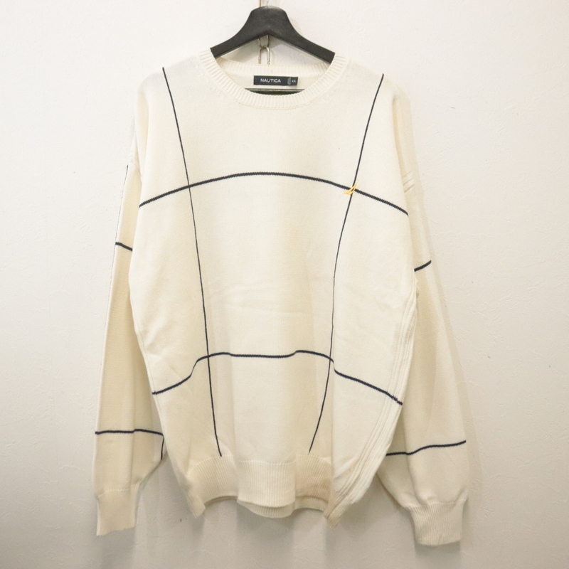 W781 2000年代製 NAUTICA ノーチカ コットンニットセーター■00s 表記2XLサイズ 白 ホワイト チェック アメカジ ストリート 古着 古着卸拍卖