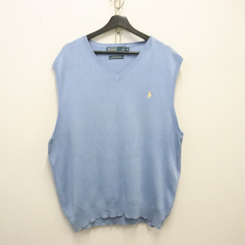 J912 2000年代製 ラルフローレン コットンニットベスト■00s 表記XLサイズ ブルー 刺繍 ワンポイントロゴ アメカジ ストリート 古着 激安拍卖