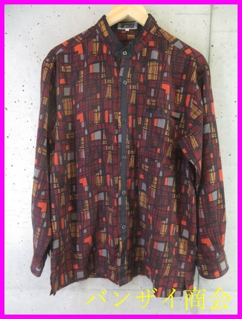 【送料300円可】0190b1◆良品です◆PAGELO パジェロ ノーカラー襟無し 総柄シャツ 長袖ポリエステルシャツ L/マオカラー/アンジェロパンツ拍卖