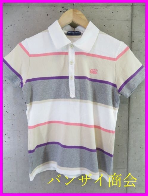 【送料300円可】0290b16◆良品です◆CANTERBURY カンタベリー 半袖ボーダーラガーシャツ L/ポロシャツ/ラグビー/ジャージ/レディース/女性拍卖