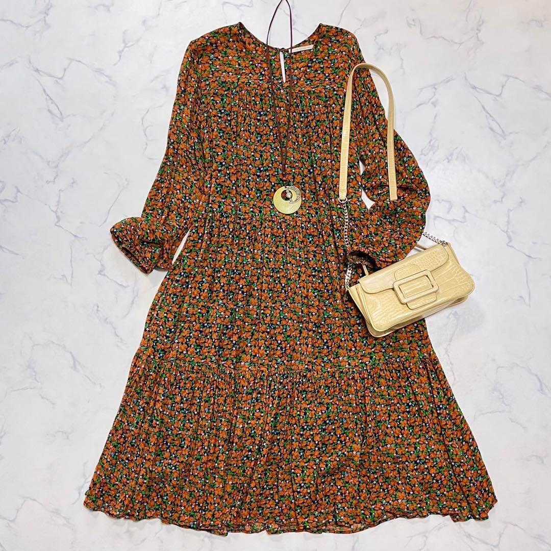 ♪秋色♪美品 ne quittez pas ヌキテパ ロングワンピース ティアード フリル 花柄 総柄 ふんわり ゆったり フリーサイズ拍卖