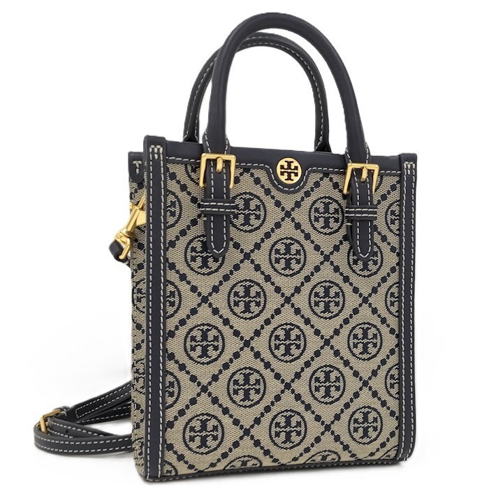 TORY BURCH ジャガード 2WAYショルダー トートバッグ レザー キャンバス ネイビー ベージュ拍卖