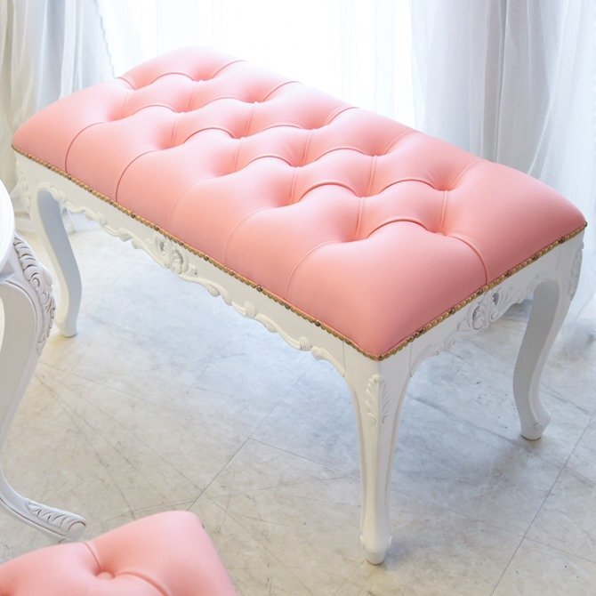 【アウトレット】80,000円 ベンチ 輸入家具 アンティーク調 椅子 チェア マホガニー木製 猫脚 リヨンベンチスツール ホワイト ピンク PVC拍卖