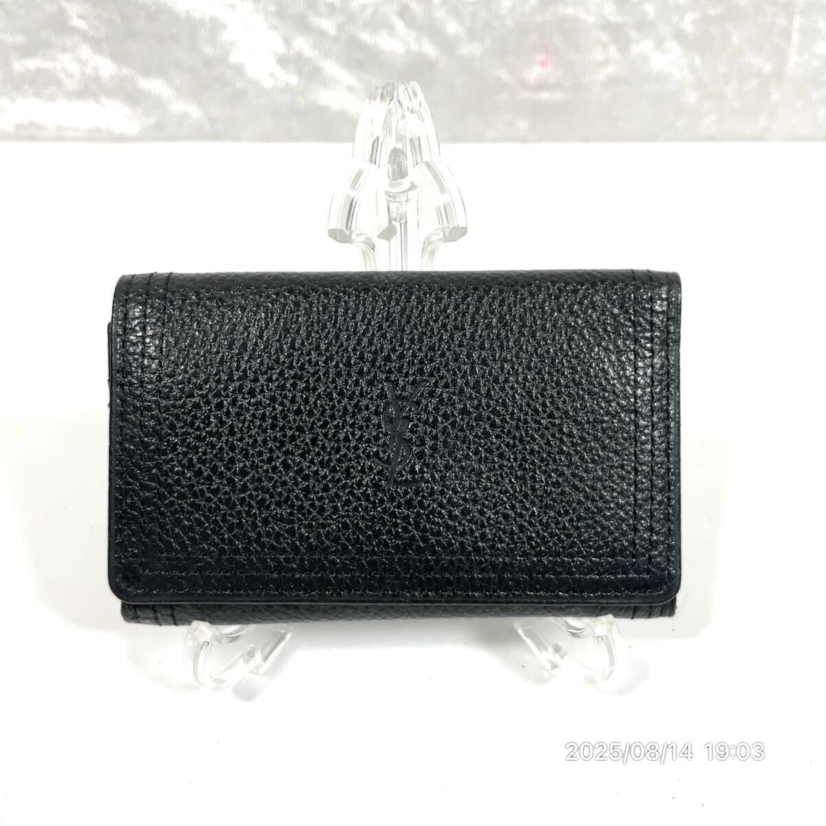 美品 YSL イヴサンローラン ブランドロゴ ブラック×ゴールドカラー レザー 革 キーケース 小物拍卖
