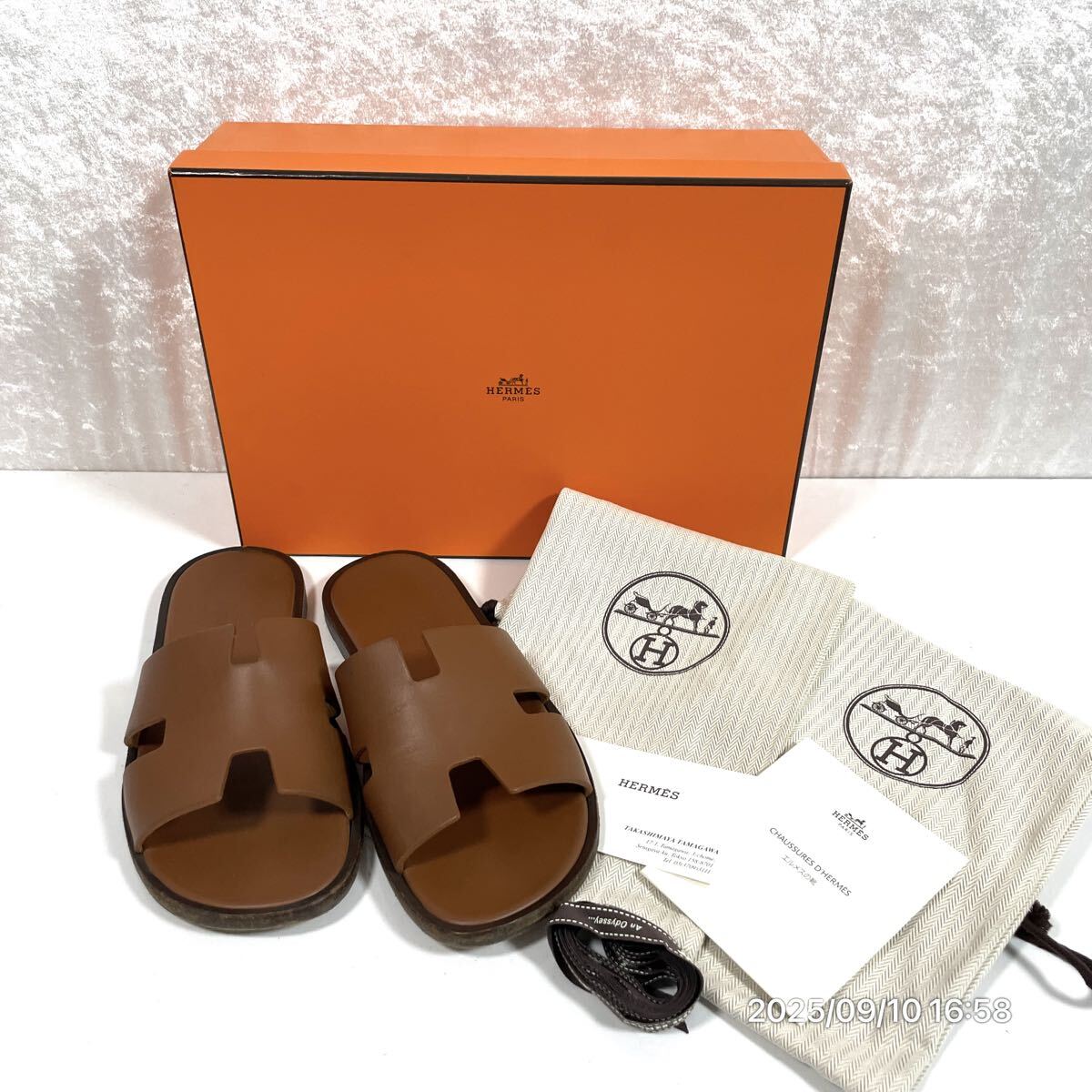美品 HERMES エルメス Hロゴ イズミール ブラウンカラー レザー 革 サンダル 靴 シューズ保存袋付き 箱付き拍卖