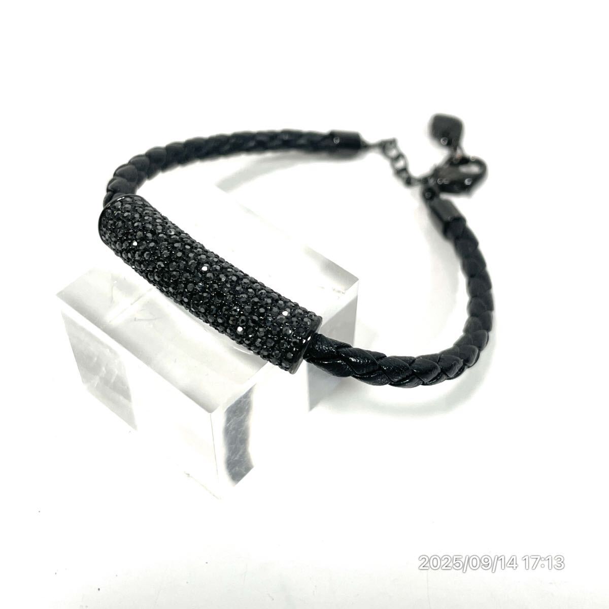 美品 SWAROVSKI スワロフスキー クリスタル ラインストーン ブラックカラー レザー 革 ブレスレット バングル アクセサリー 装飾品拍卖
