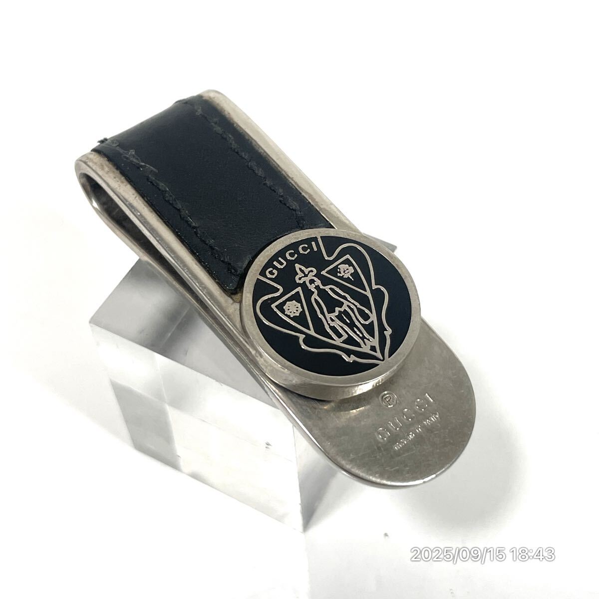 GUCCI グッチ ブランドロゴ ブラック×シルバーカラー レザー 革 マネークリップ コンパクト ウォレット 財布拍卖