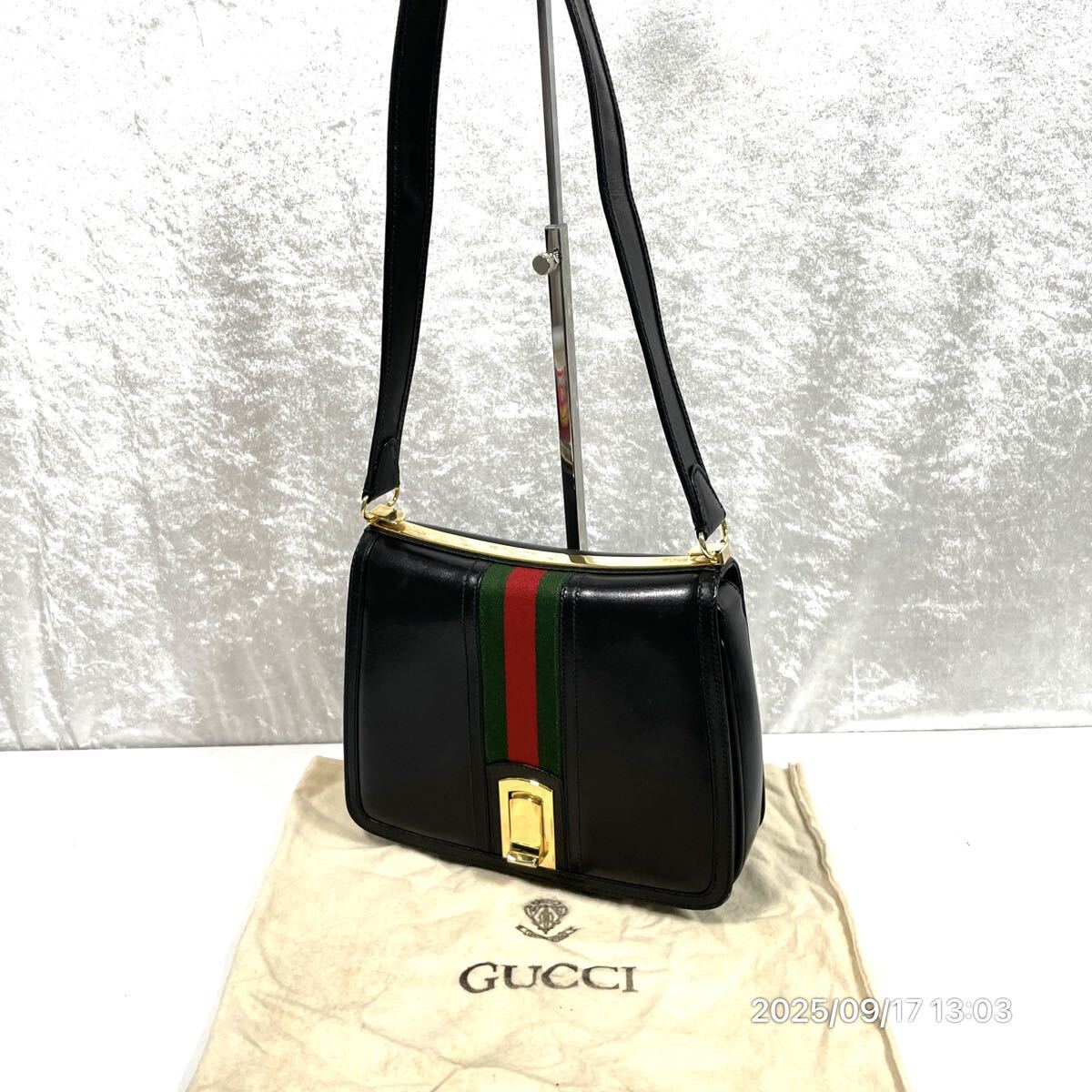 希少 vintage GUCCI グッチ シェリーライン オールドグッチ ブラックカラーボディ レザー 革 肩掛け ワンショルダーバッグ かばん 鞄拍卖