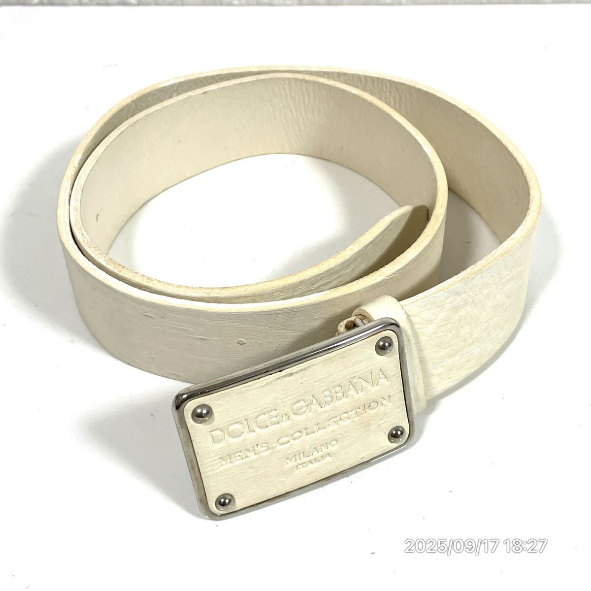 美品 D&G ドルガバ ドルチェ&ガッバーナ ブランドロゴ クリーム系カラー レザー 革 vintage風 ベルト ウエストバンド 装飾品拍卖