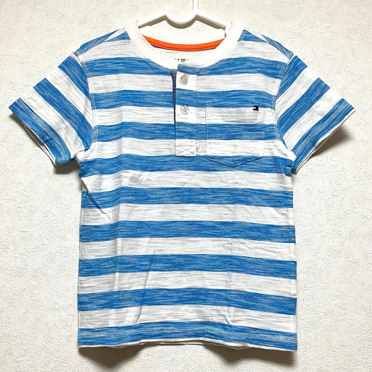 トミーヒルフィガー キッズ Tシャツ S 子供服 男の子 110 ボーダー 半袖 コットン ブルー ホワイト 青 白 Tommy Hilfiger 刺繍ロゴ 美品 夏拍卖