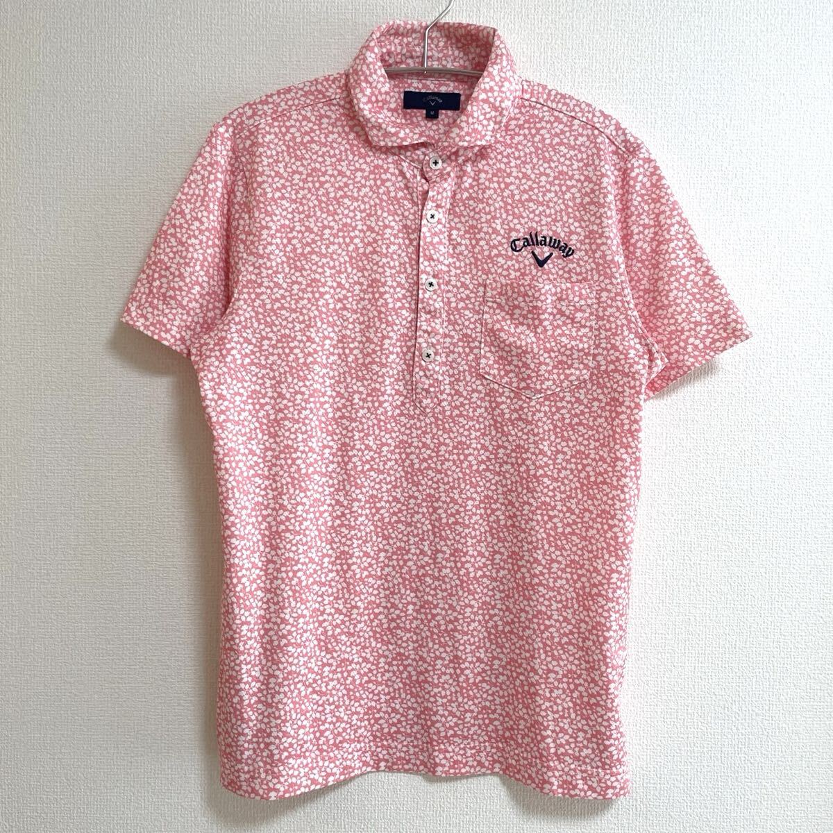 キャロウェイ Callaway ゴルフ ポロシャツ M メンズ ピンク ホワイト 総柄 刺繍ロゴ 半袖 ストレッチ素材 半袖 トップス ウェア ロゴ刺繍拍卖