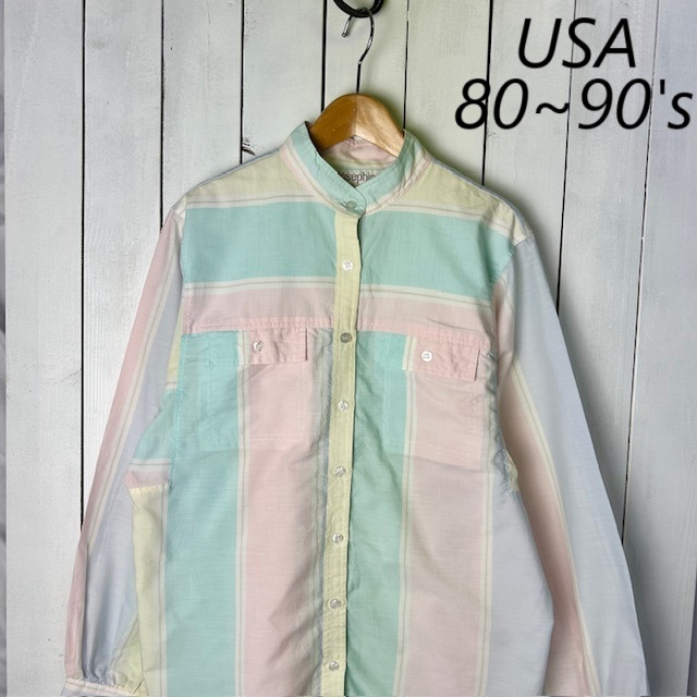 sh●A04 USA古着 80s~90s 薄手 パステルカラーバンドカラーシャツ ブラウス 12 オールド ヴィンテージ アメリカ 長袖 ペイルトーン拍卖