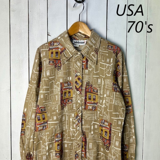 sh●A12 USA古着 70s レトロ総柄コットンシャツ ブラウス M程度 フェード茶 オールド ヴィンテージ アメリカ古着 長袖 綿拍卖