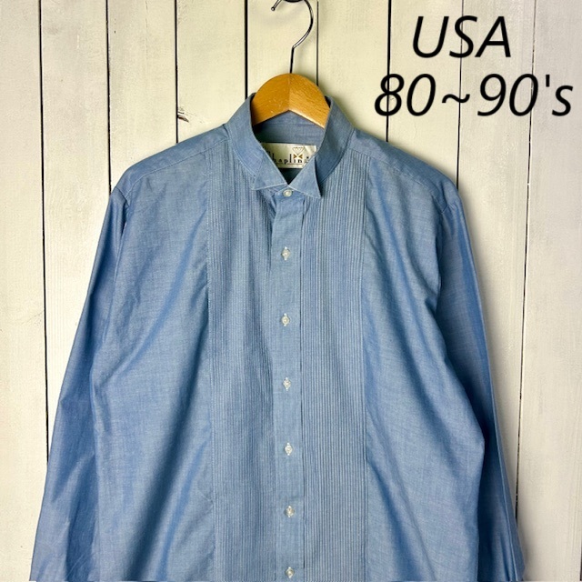 sh●A15 USA古着 80s~90s スタンドカラー ピンタックシャンブレードレスシャツ M~L 34-35 青 オールド ヴィンテージ 長袖 フォーマル拍卖